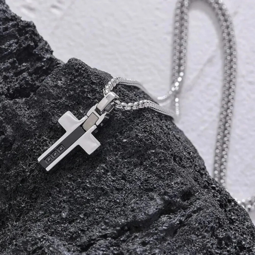 Mens Silver Enamel Zircon Cross Necklace